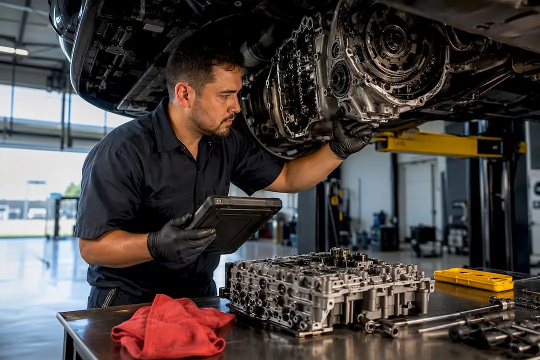 Technician inspecting transmission in repair bay