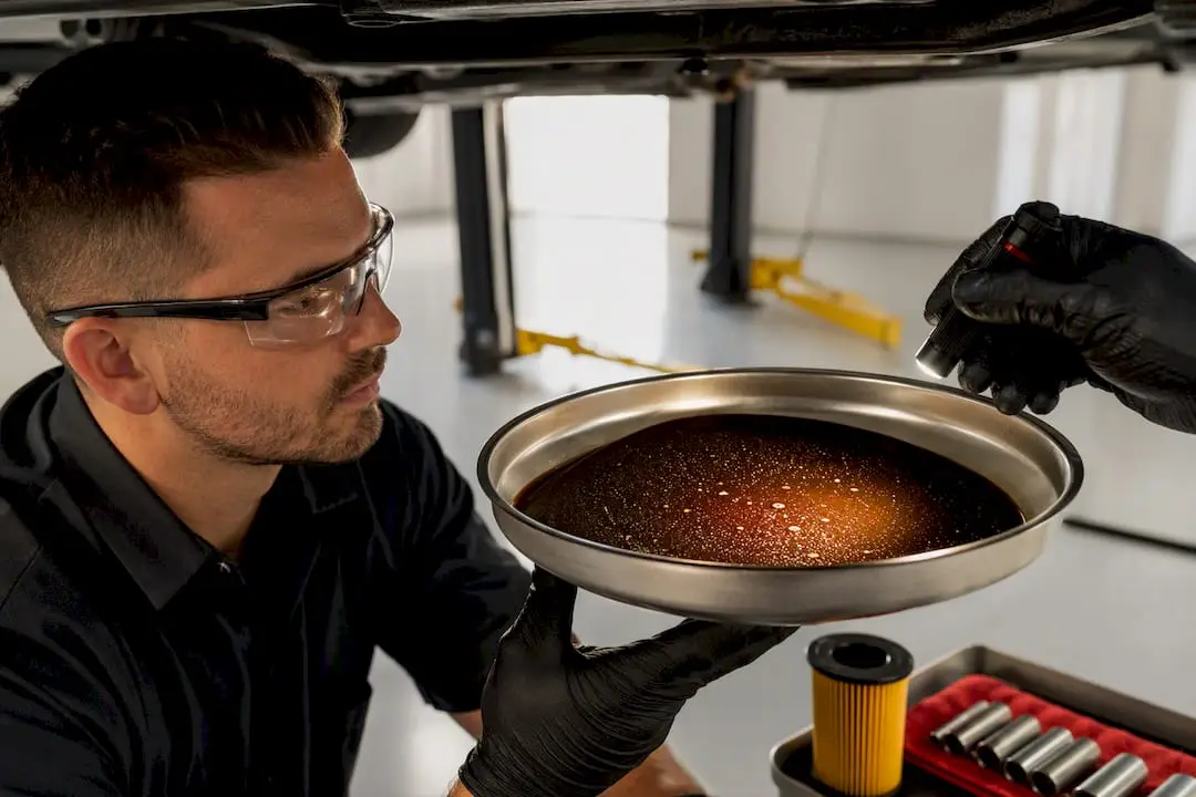 Technician checking transmission fluid for metal particles