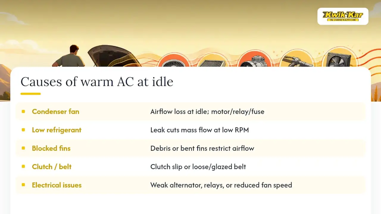 Nine Common Causes Behind an AC That Runs Warm at Idle — overview diagram