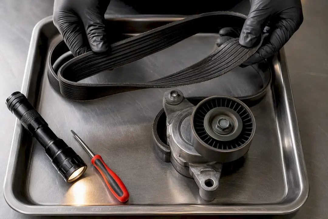 Worn serpentine belt beside tensioner