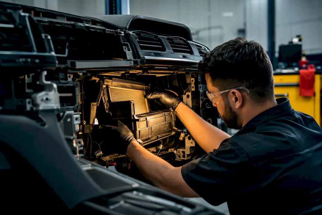 Technician accessing evaporator behind dashboard