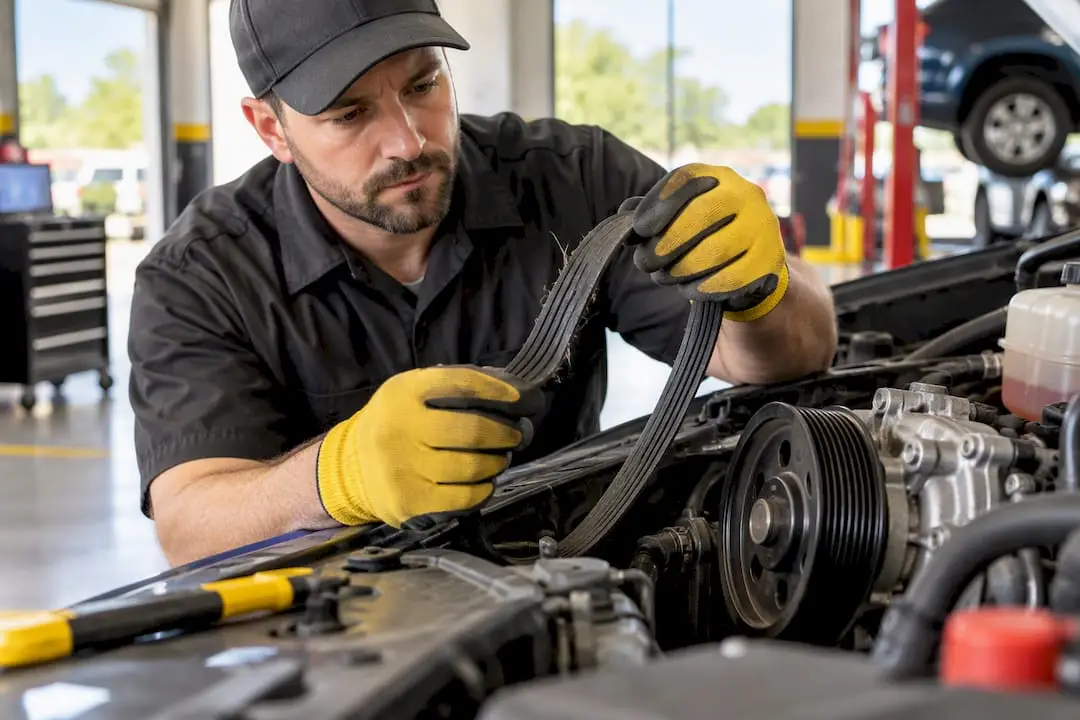 Technician inspecting a frayed serpentine belt