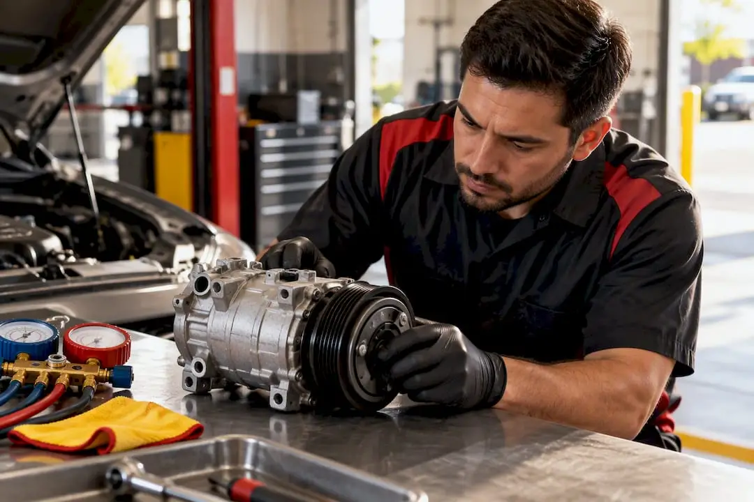 Technician inspecting an AC compressor assembly