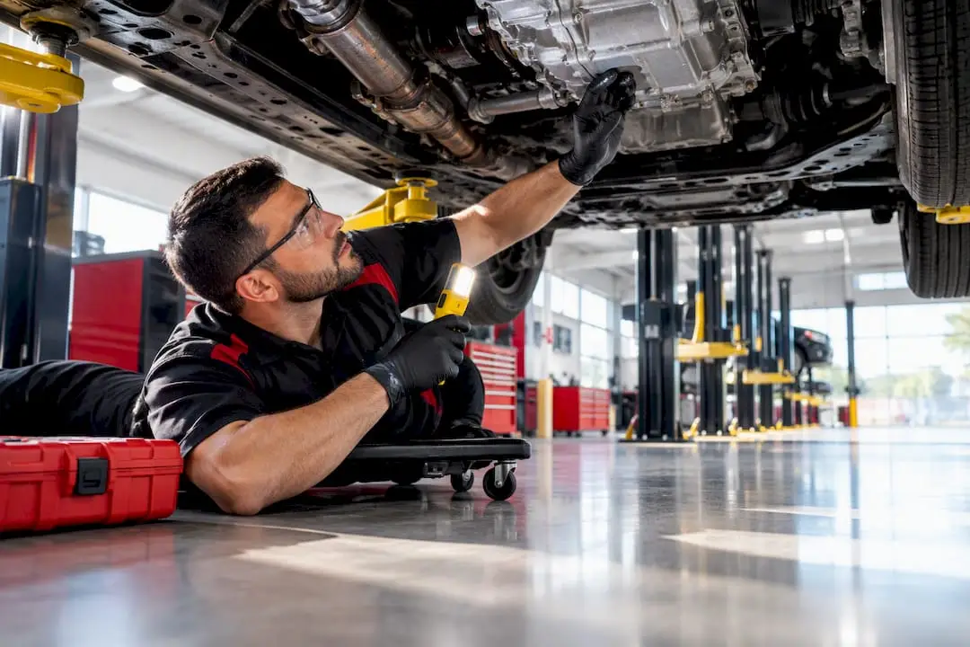 Technician inspecting anonymous transmission underside