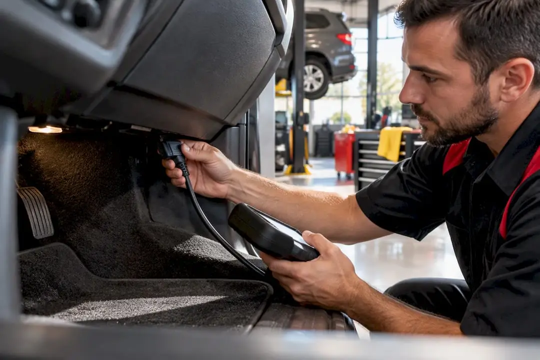 Technician connecting an OBD-II diagnostic scanner