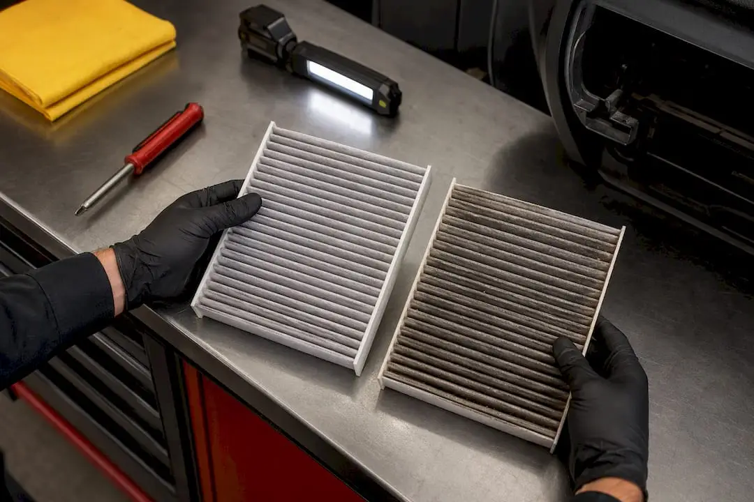 Technician inspecting a dusty cabin air filter