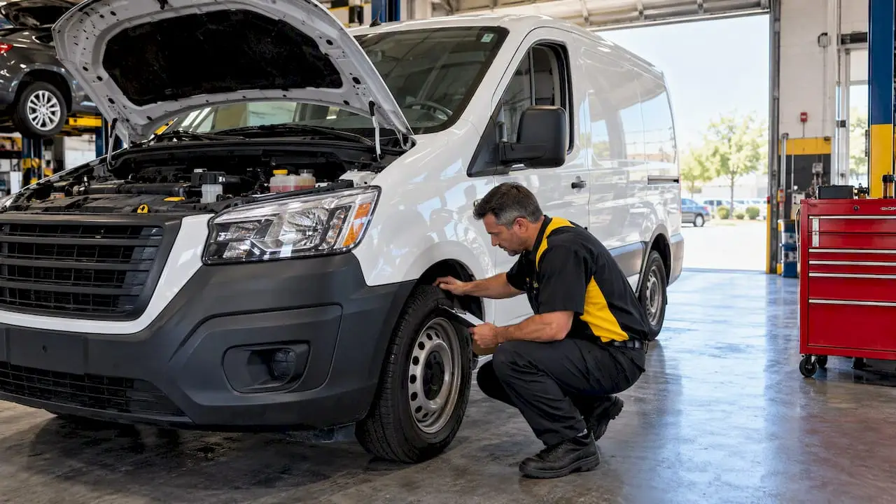 Technician inspecting fleet van in service bay