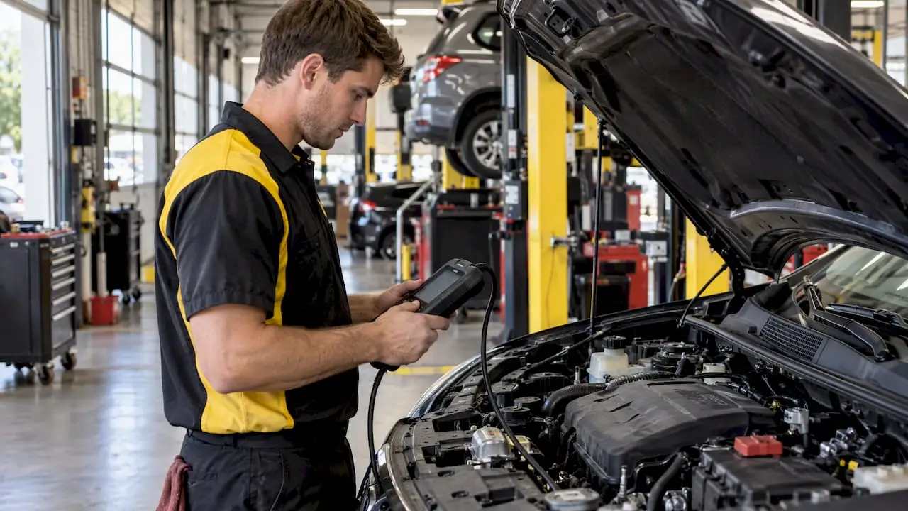 Technician performing vehicle diagnostic inspection