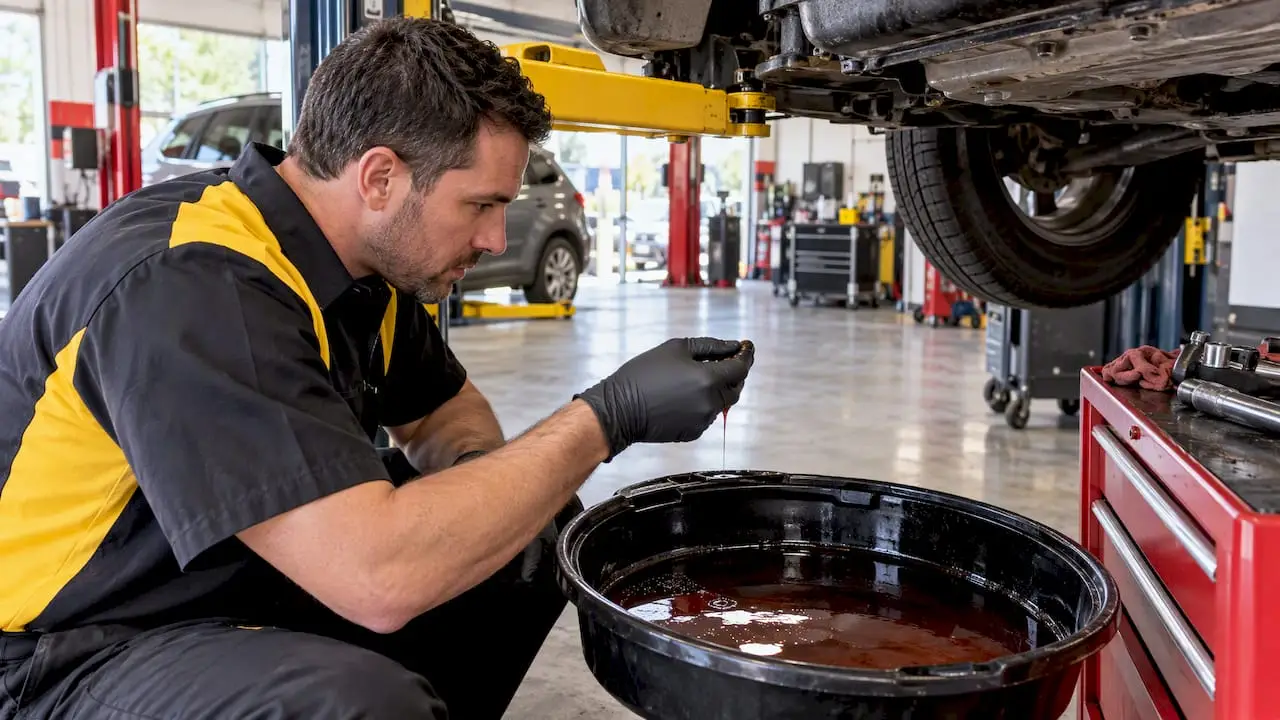 Technician checking automatic transmission fluid
