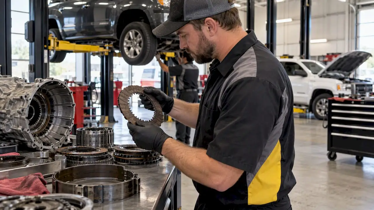 Technician inspecting worn transmission clutch components