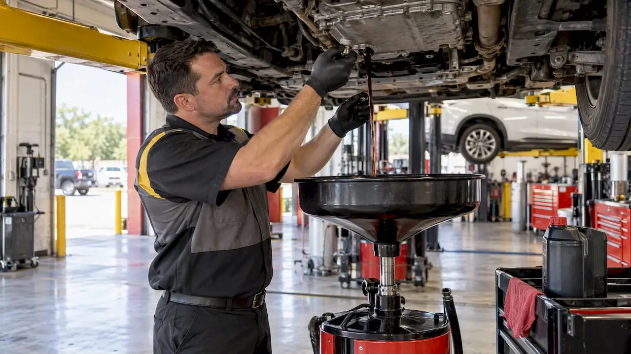 Technician servicing vehicle transmission fluid