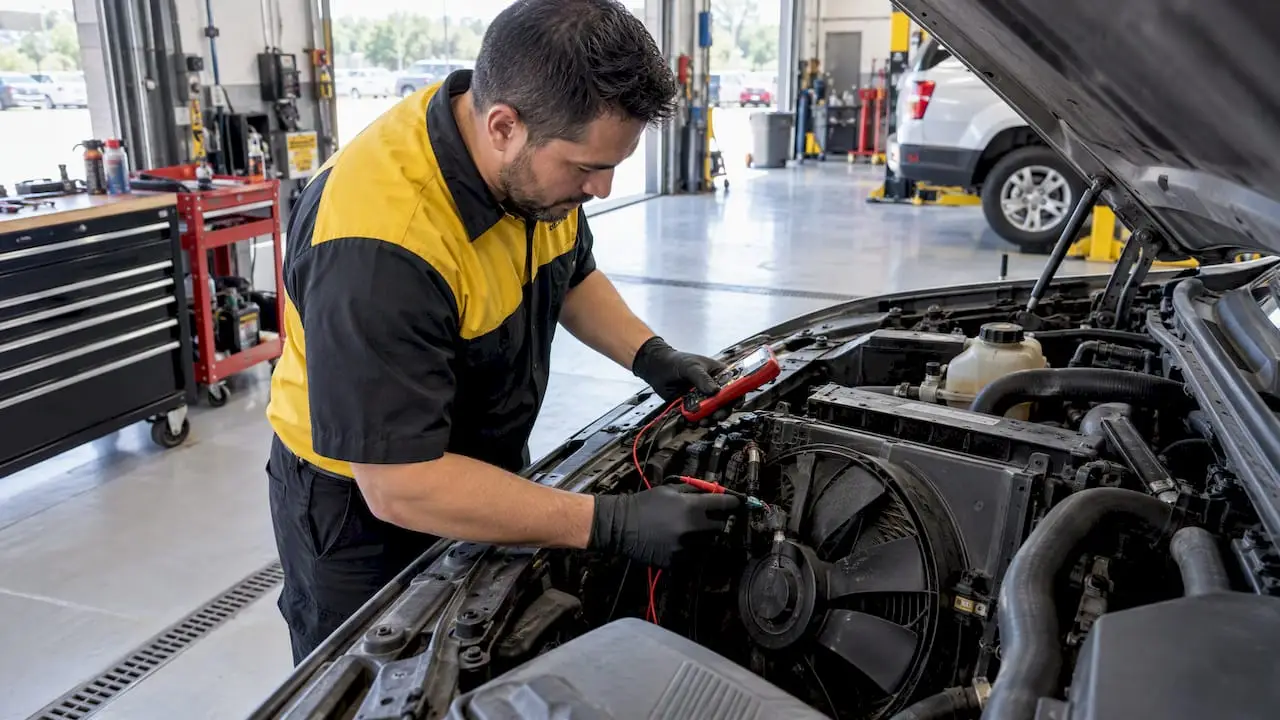 Technician inspecting vehicle radiator fan
