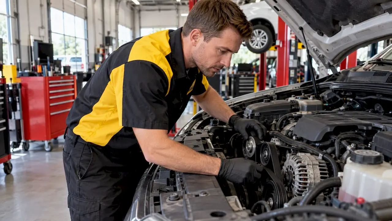 Technician inspecting a serpentine belt