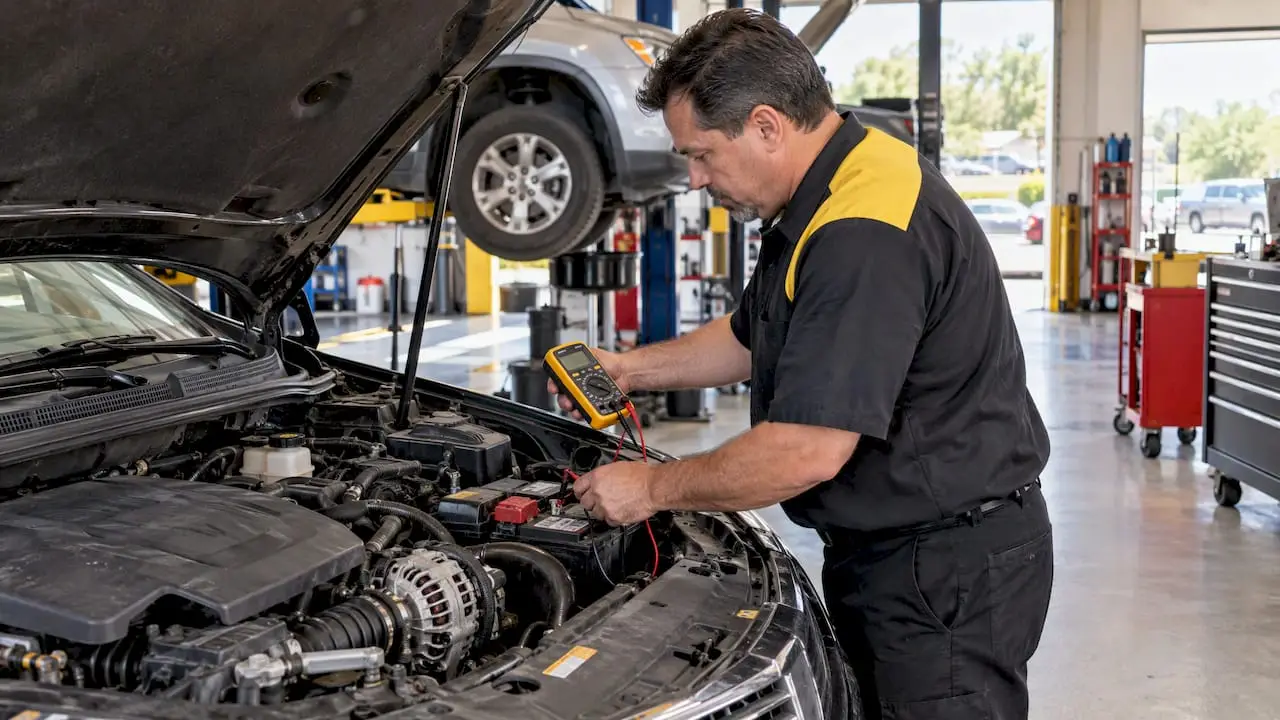 Technician tests a car’s charging voltage