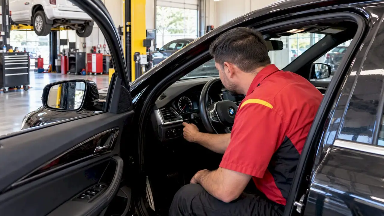 Technician checking a BMW maintenance reminder
