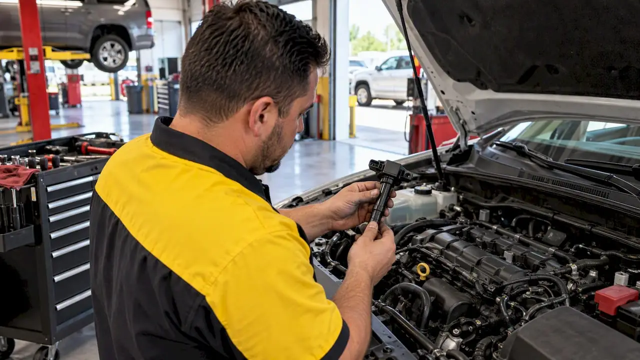 Technician inspecting an ignition coil in a repair bay