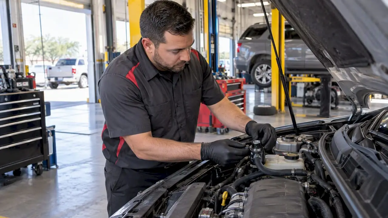 Technician inspecting a vehicle PCV valve