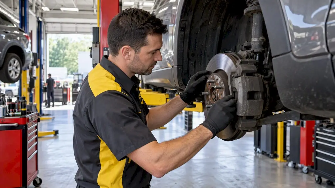 Technician inspecting brake pads and rotor
