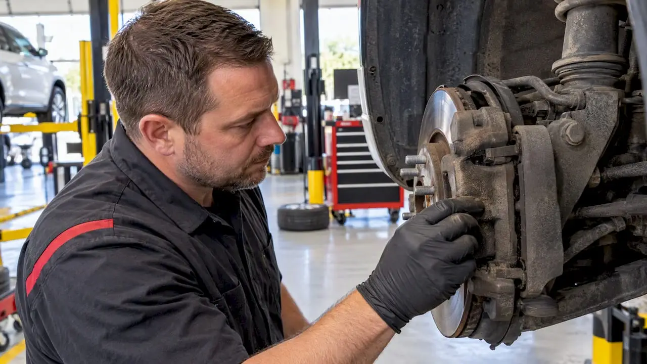 Technician checking brake dust around caliper