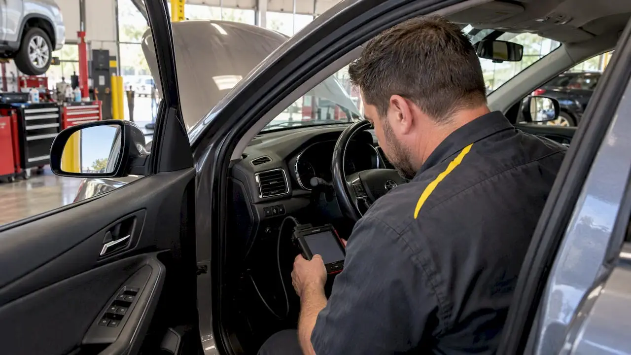 Technician checks OBD-II live data beside car