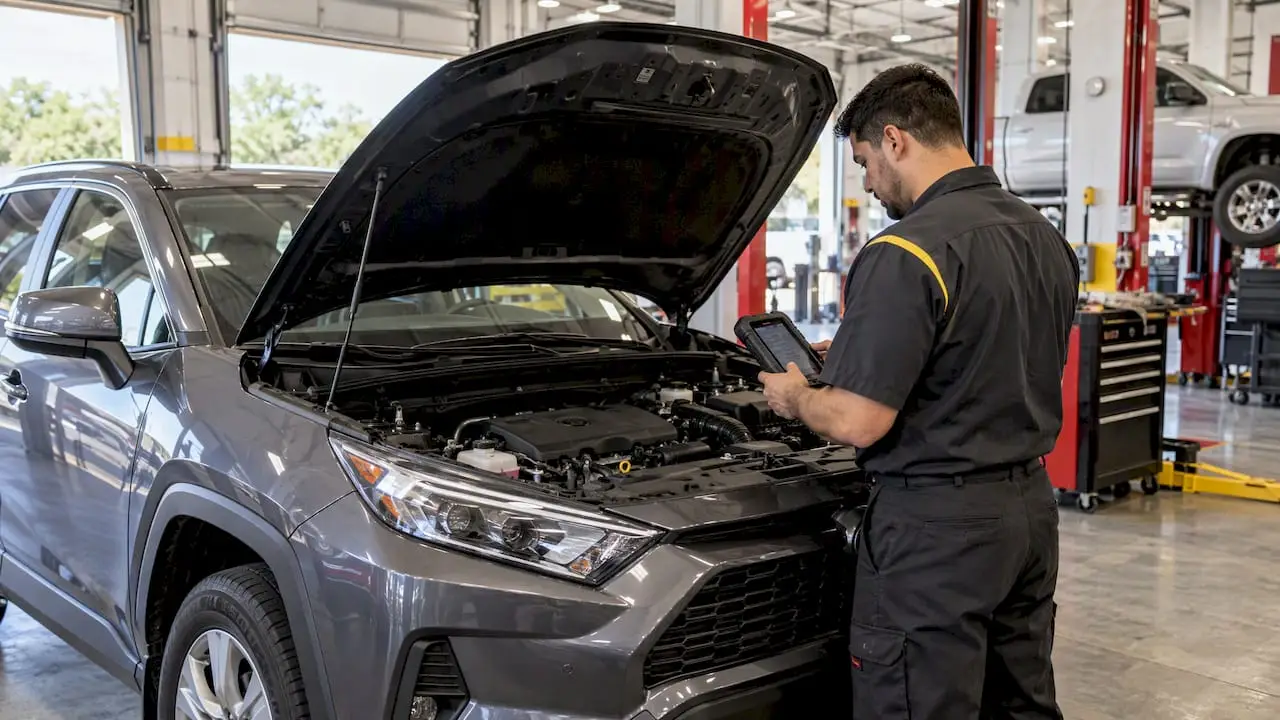 Technician checking a warm SUV engine
