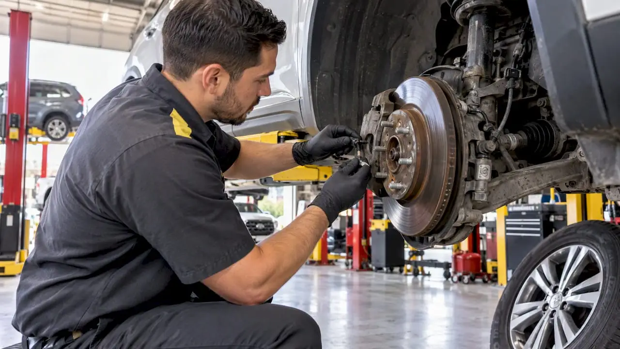 Technician inspecting wheel speed sensor at hub