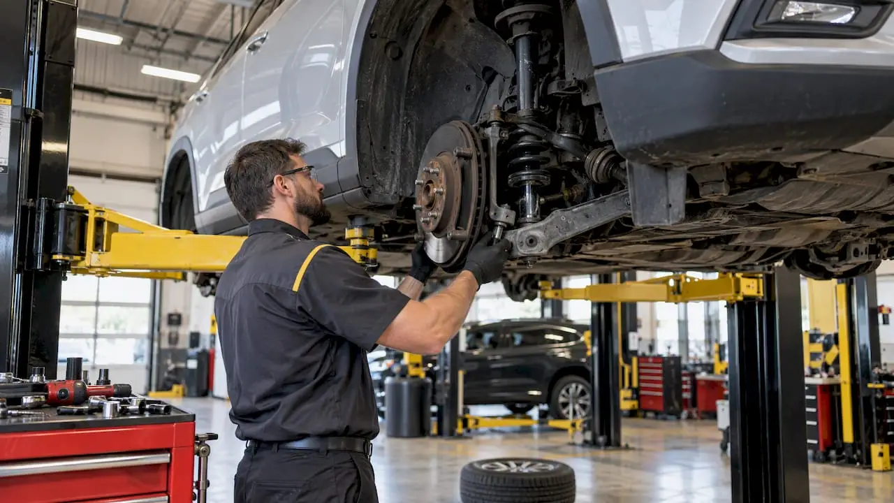 Technician inspecting SUV suspension on a lift